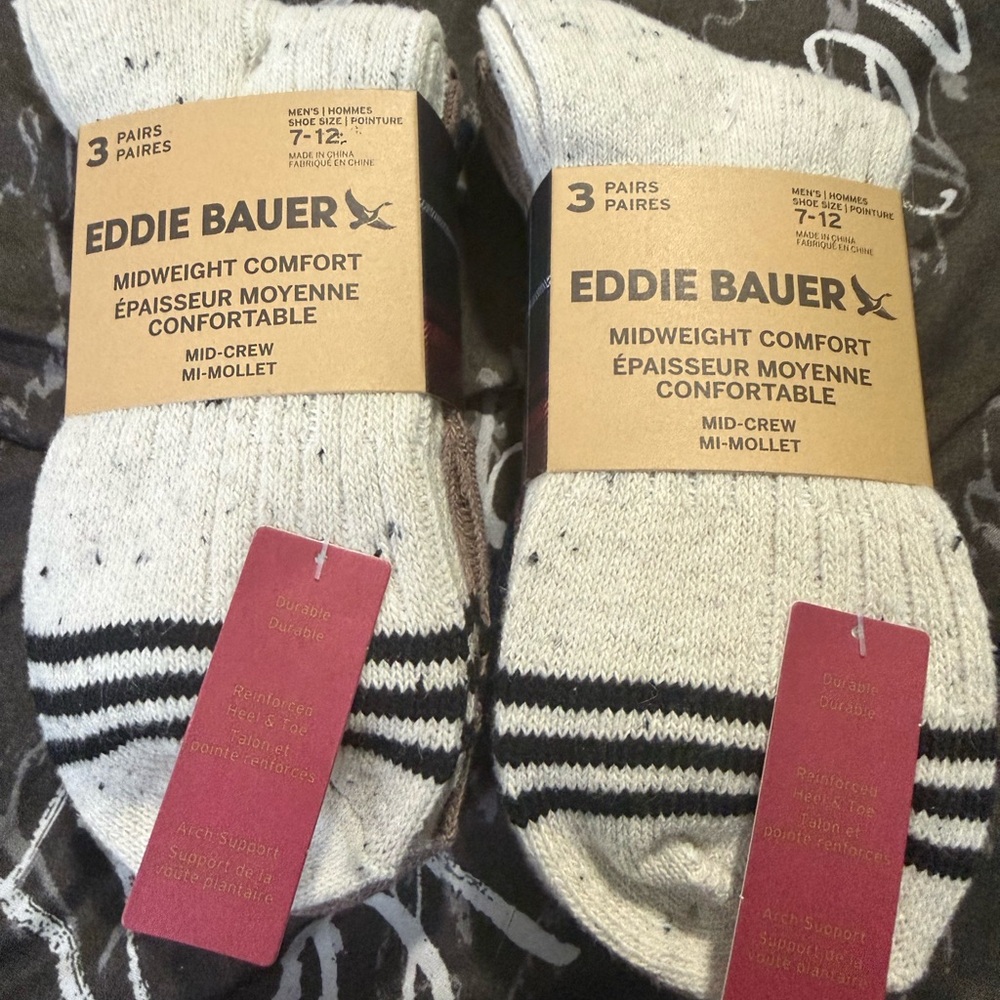Eddie Bauer Men's Midweight Crew Socks 6 Pairs Beige Black Navy Reinforced 7-12